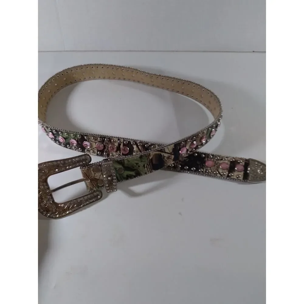 Unbranded Leather Belt Multicolored Rhinestones Bling Disco Cowgirl Sz L 36